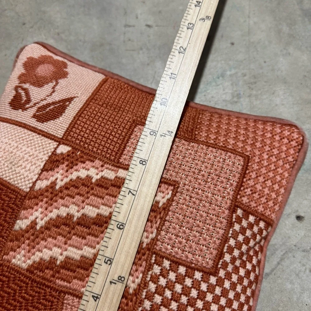Vintage Retro MCM Pink Peach Embroidered Needle Point Throw Pillow‎ Grandma Core